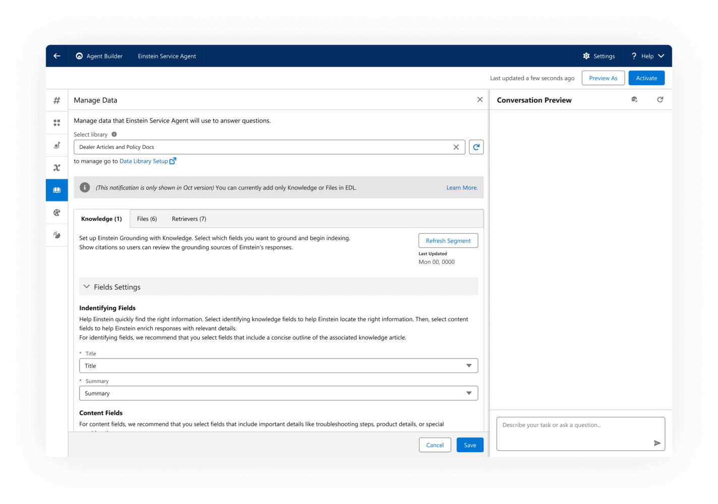 Screenshot van een gebruikersinterface voor het beheren van gegevens in Einstein Service Agent. De interface bevat opties om gegevens te beheren, kennissegmentregels in te stellen en veldinstellingen te configureren, met navigatie- en actieknoppen.