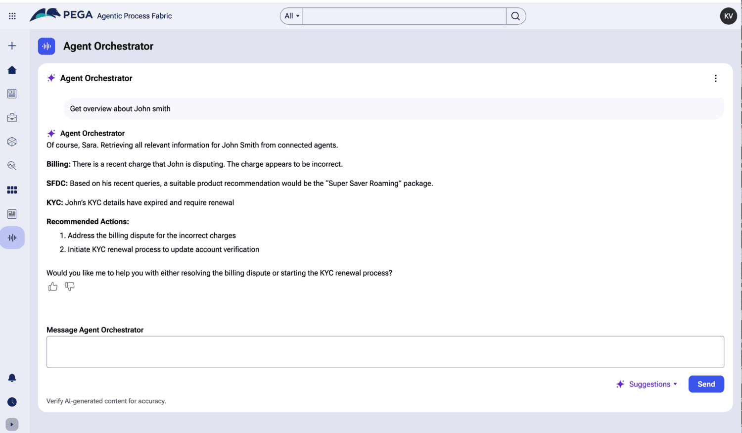 Op een computerscherm wordt de PEGA Agent Orchestrator-interface weergegeven. Hierop worden agentgegevens en aanbevolen acties voor een factuurgeschil van een gebruiker en KYC-verlenging weergegeven.
