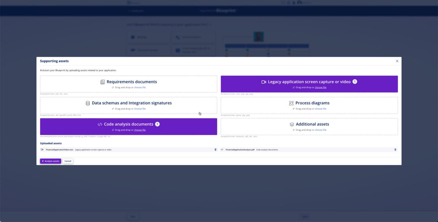 Op een computerscherm wordt een webinterface weergegeven met secties voor het uploaden van vereistendocumenten, gegevensschema's, codeanalysedocumenten, schermafbeeldingen, procesdiagrammen en aanvullende middelen.